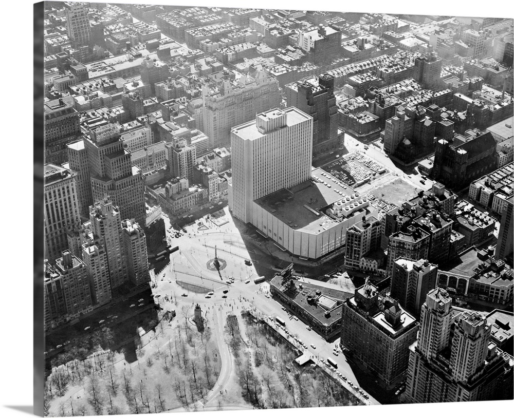 Aerial view of New York Coliseum. Central Park in foreground.