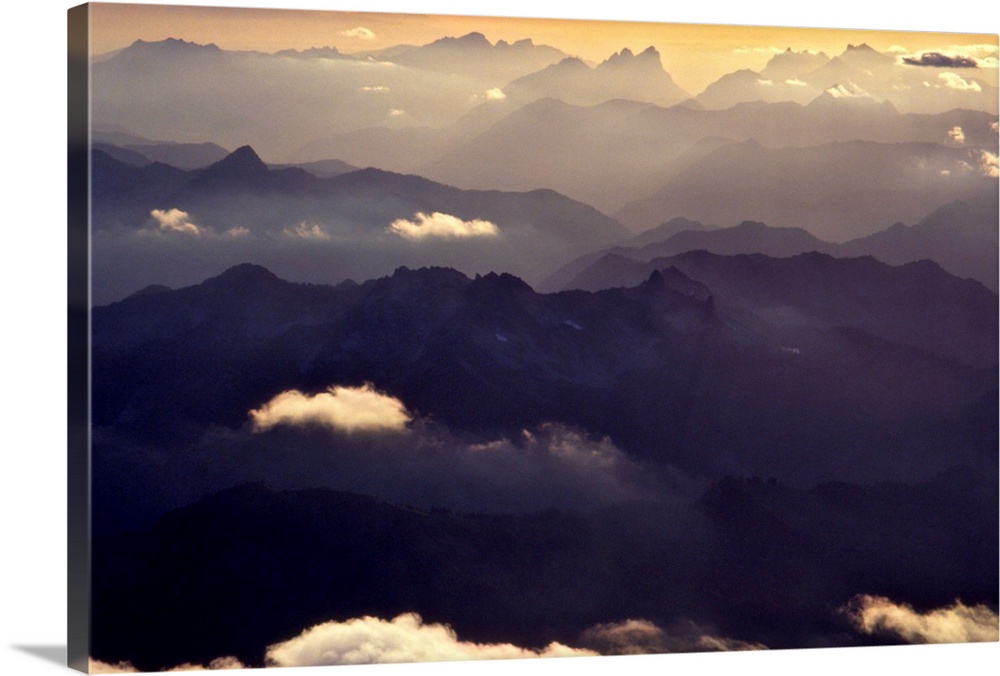 Mountain layers of North Cascade Range at sunset, Washington