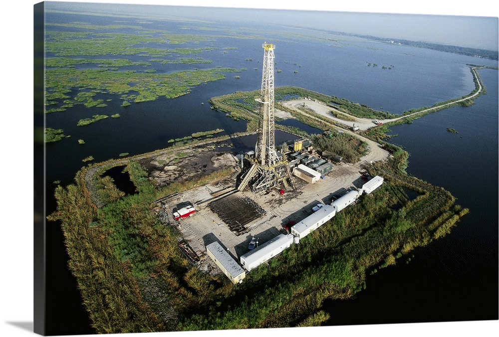 Aerial View of Oil Drilling Platform in Marsh