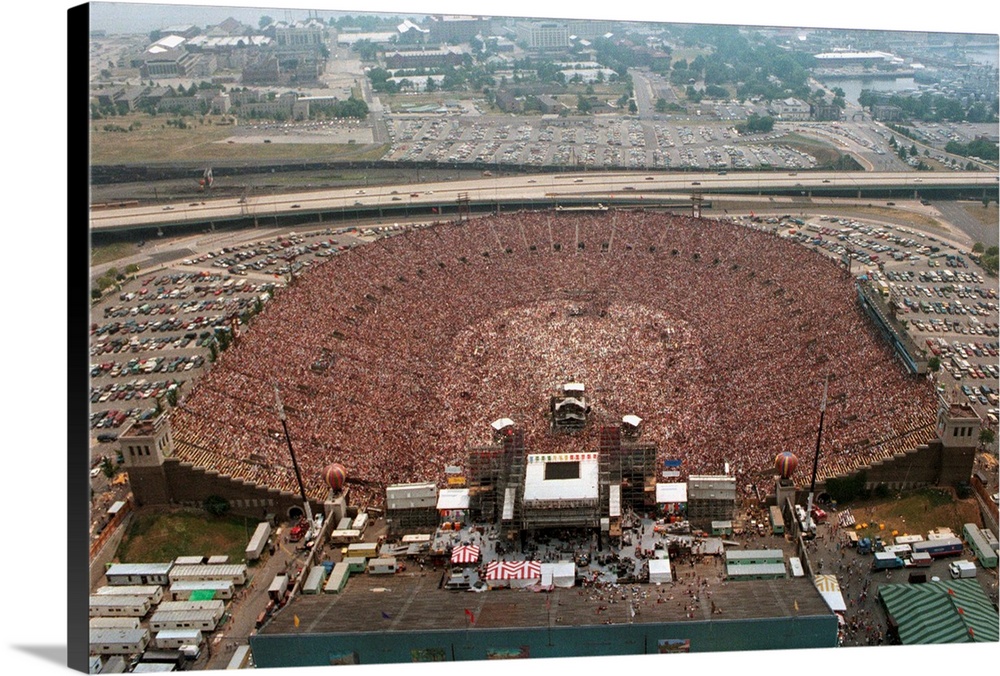 7/13/1985-Philadelphia, Pennsylvania-The Live Aid Concert at JFK Stadium. An aerial view displays the packed stadium in it...