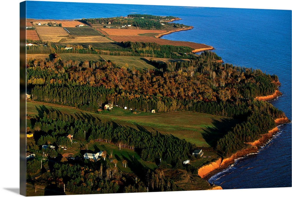 An aerial view of western coastline of PEI on an autumn afternoon.