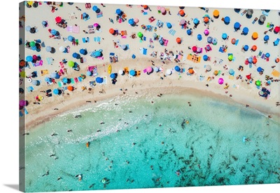 Aerial View Of Sandy Beach With Colorful Umbrellas, Mallorca, Balearic Islands, Spain