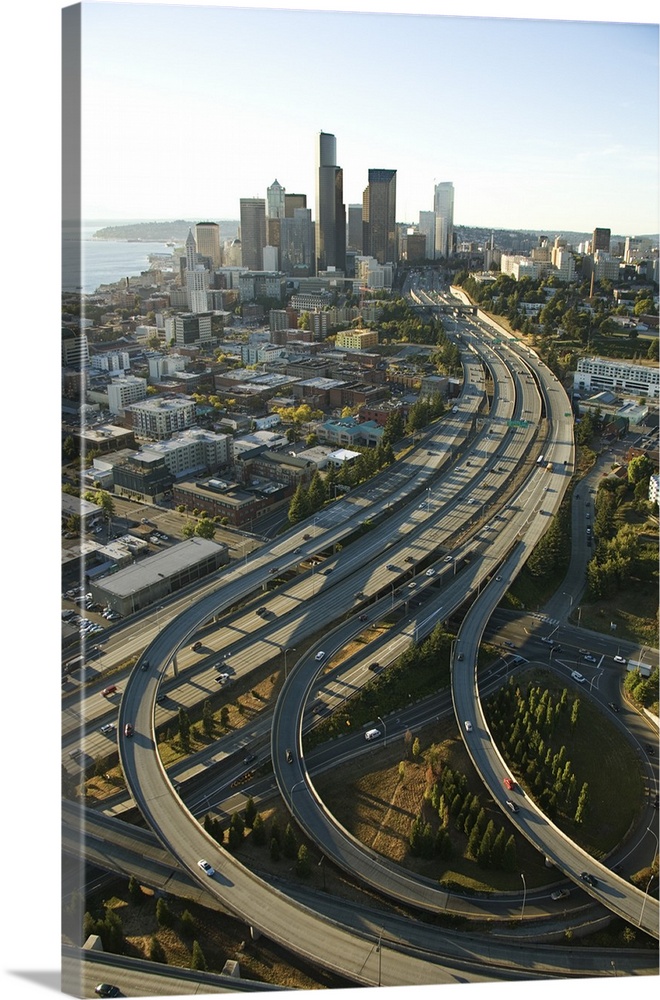 Aerial view of Seattle freeways and downtown