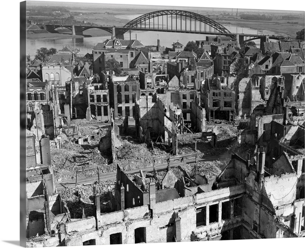 A panoramic view of the city of Nijmegen, Holland, and the Nijmegen Bridge over the Waal (Rhine) River in the background. ...