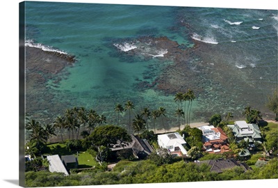 Aerial view of waterfront homes and coral reef, Waikiki, Hawaii