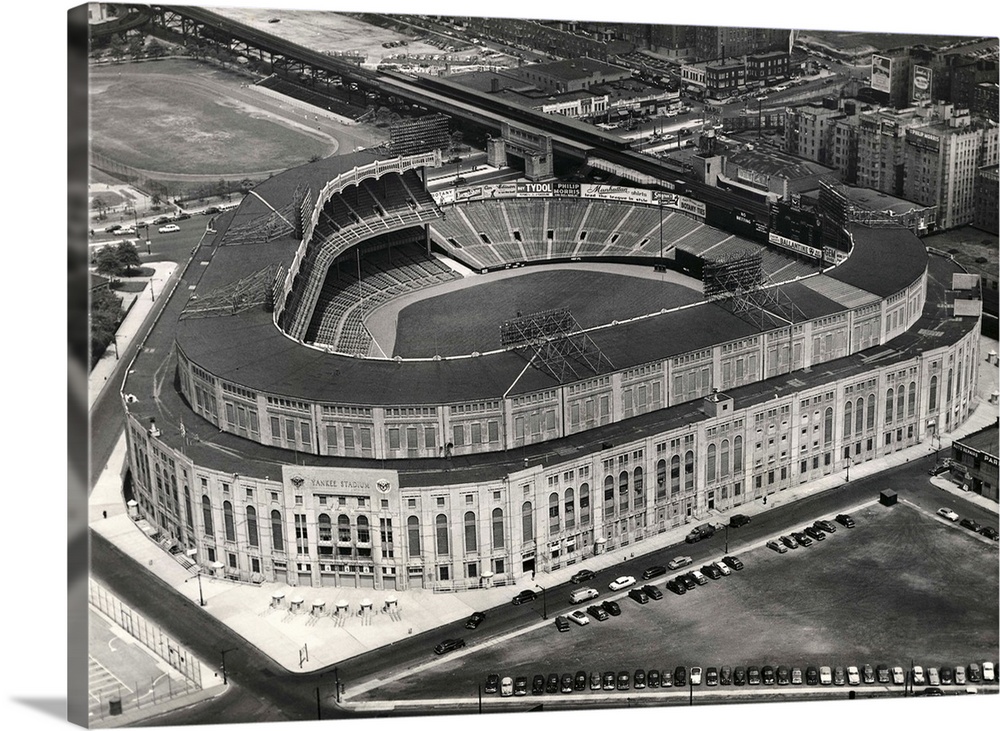 Aerial photograph shows Yankee Stadium in New York City.