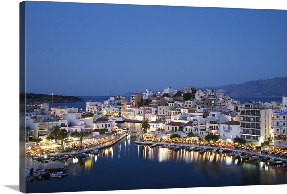 Agios Nikolaus, Crete, Greece cityscape at night Wall Art, Canvas