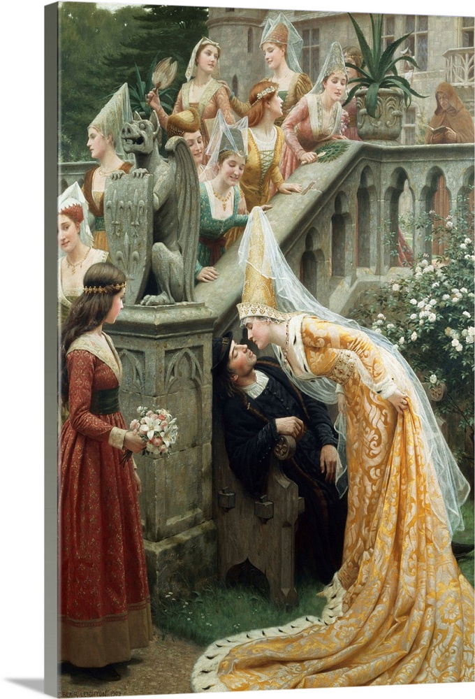 This painting depicts the legend of Margaret of Scotland kissing French poet, Alain Chartier, while he sleeps at her castle.