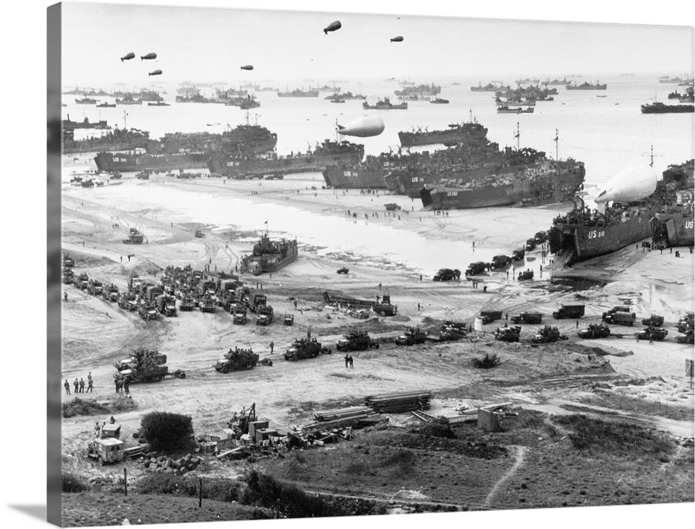 Norman Beach during Allied invasion, June, 1944: ships fill the channel, and balloons float overhead to protect them from ...