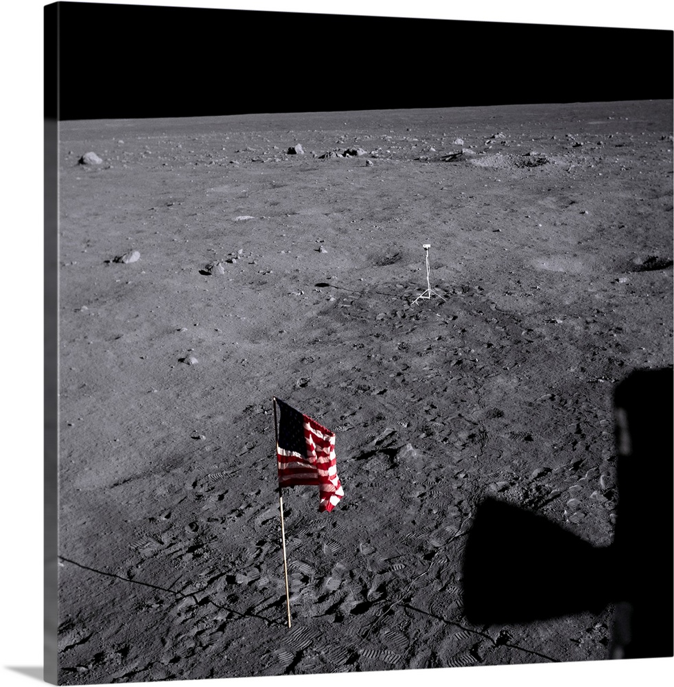 The American flag at Tranquility Base on the Moon, planted by the Apollo 11 astronauts.