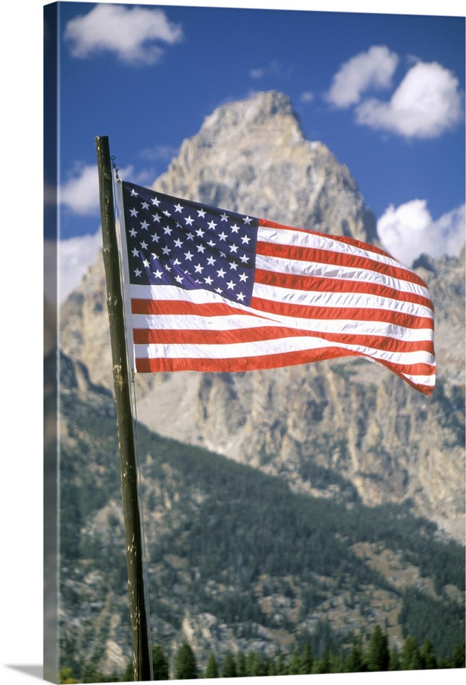 'American Flag with Mountains, Grand Teton National Park, Wyoming'
