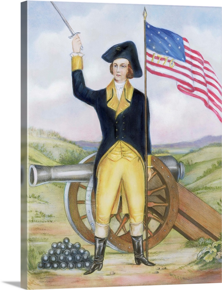 A Currier and Ives lithograph features an American revolutionary officer or soldier holding up his sword and an American f...