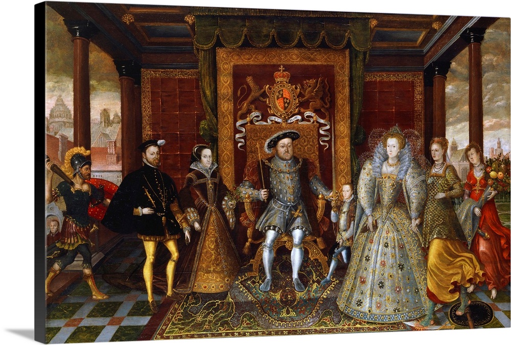 Unknown, An Allegory of the Tudor Succession: The Family of Henry VIII, c. 1590, oil on panel, 114.3 x 182.2 cm (45 x 71.7...
