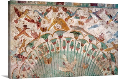 Ancient Egyptian wall painting depicting scene in the Nile marshes