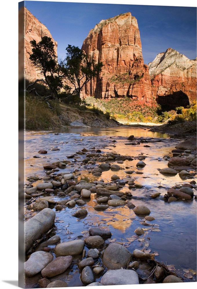 Angels Landing reflected in the waters of the Virgin River, Zion National Park, Utah. USA