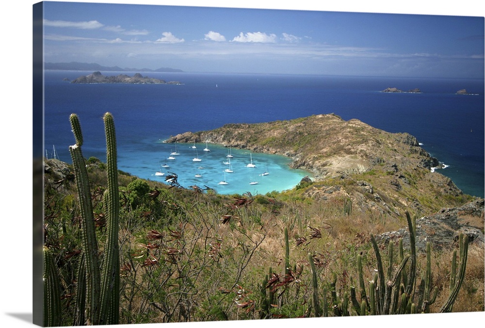 Cactus framed view of Colombier cove, a great spot to anchor or swim, accessible only by boat or a walking path starting f...