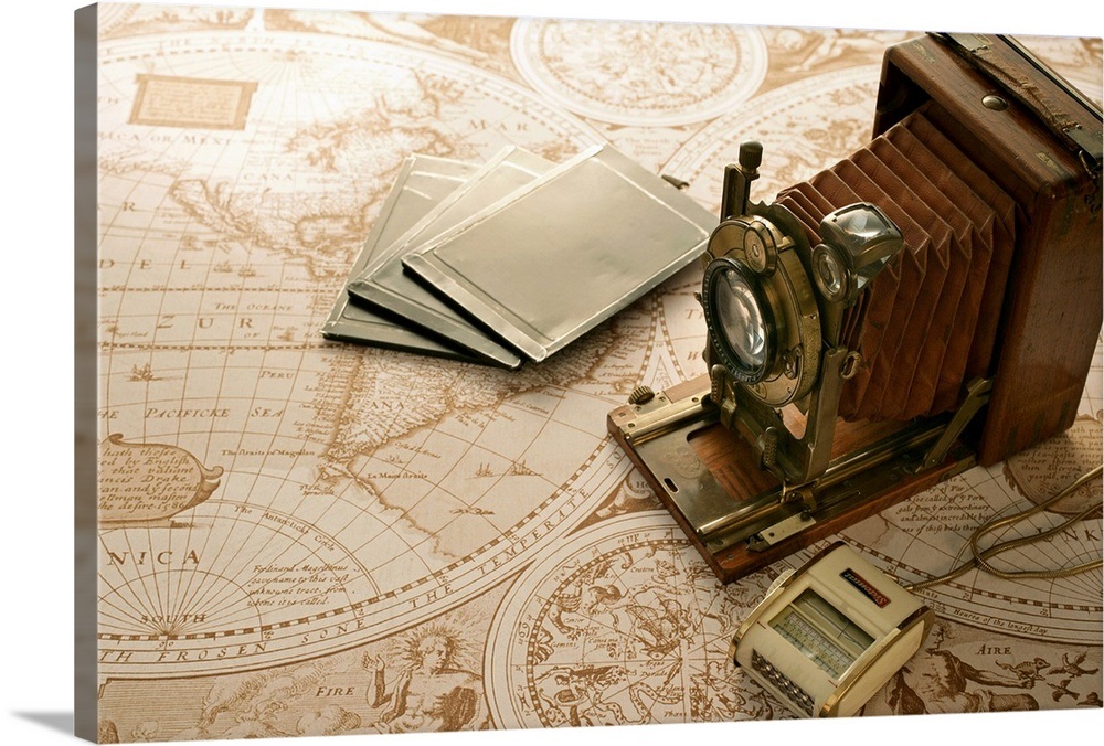 Antique camera and world map Wall Art, Canvas Prints, Framed Prints