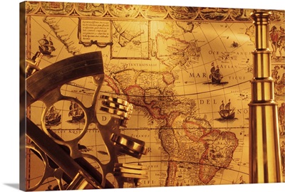 Antique map and navigation instruments