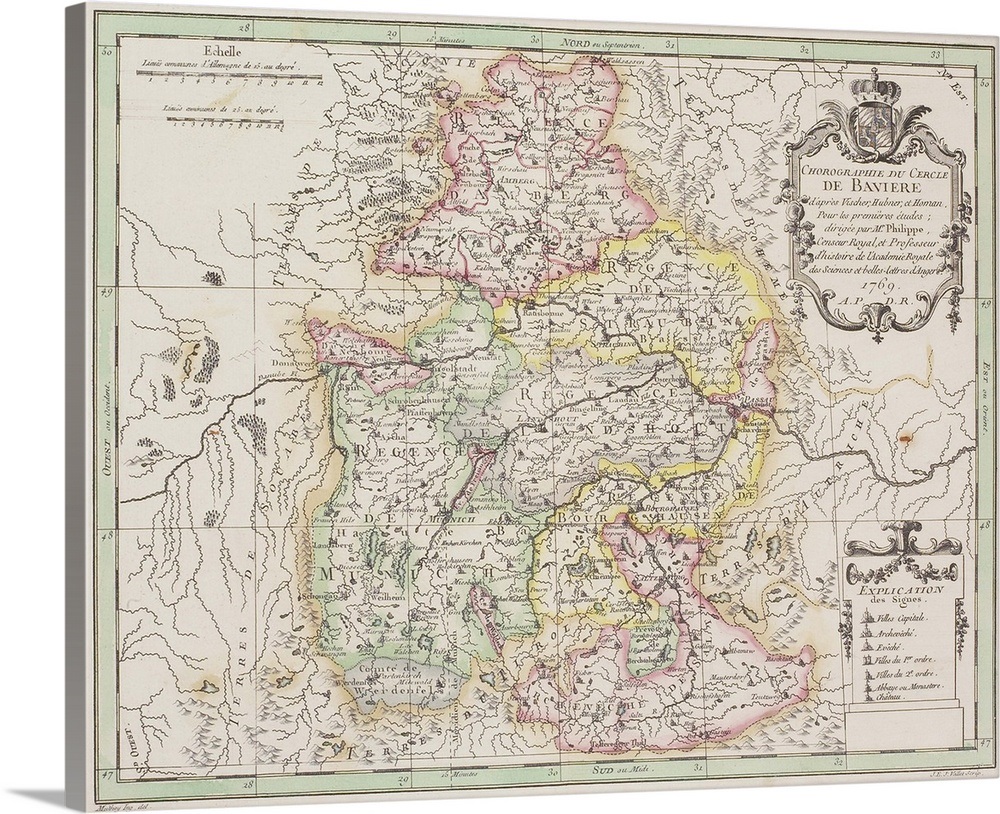 Antique map of Bavarian region of Germany Wall Art, Canvas Prints ...