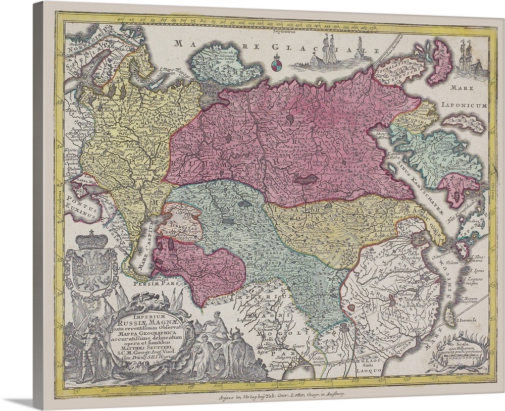 An antique map of Eurasia with countries highlighted in colors.