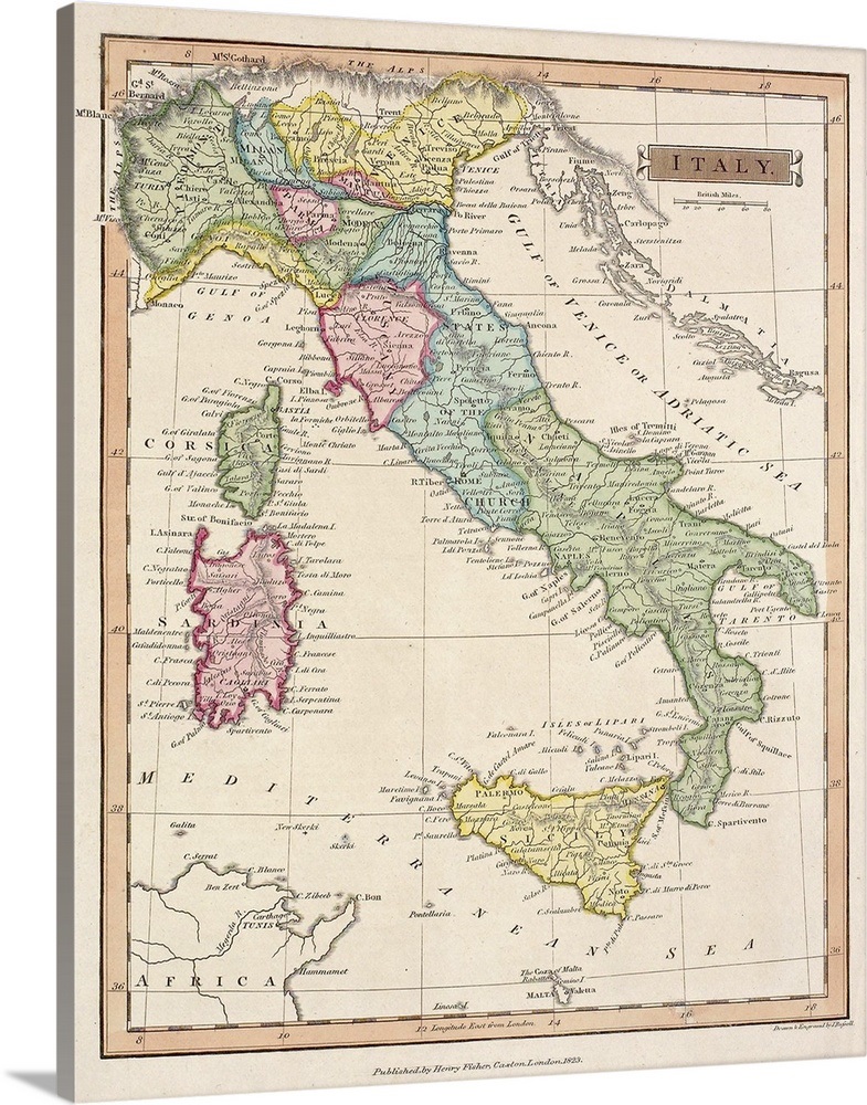 Antique map of Italy and surrounding islands Wall Art, Canvas Prints