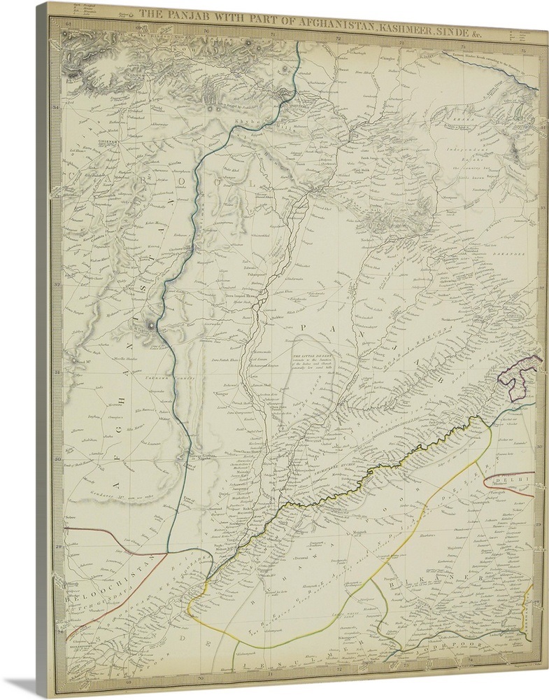 Antique map of river systems in Punjab , Afghanistan , Kashmeer , and ...