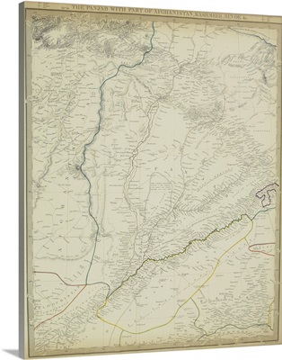 Antique map of river systems in Punjab , Afghanistan , Kashmeer , and Sinde