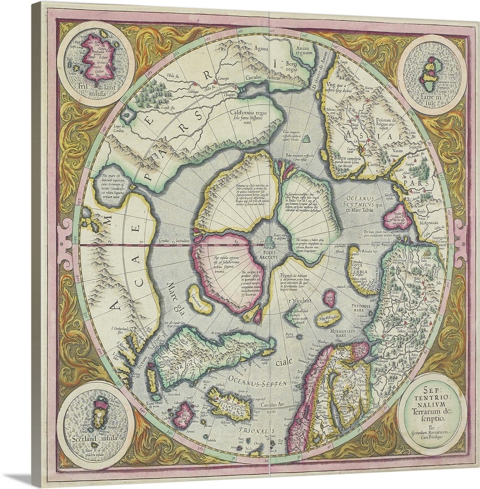 Antique map of the north pole with insets
