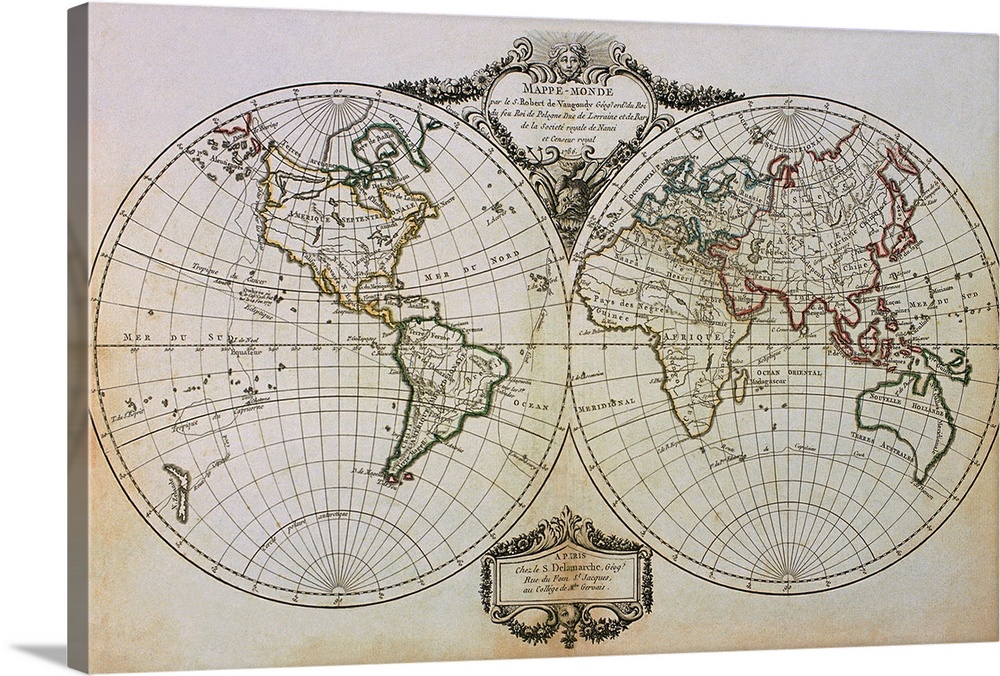 An antique map of the world showing one half in a circle and the other half in another circle just next to it.