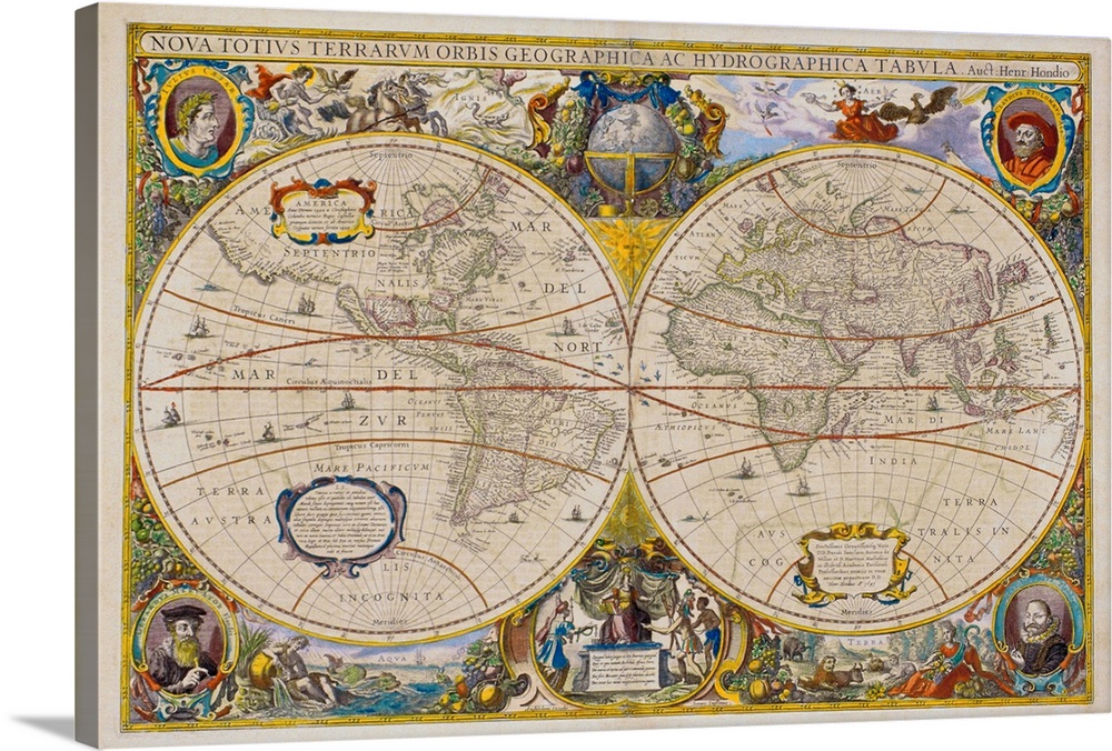 This oversized art work is a world map of the world with decorative descriptions written in Latin, allegorical personifica...