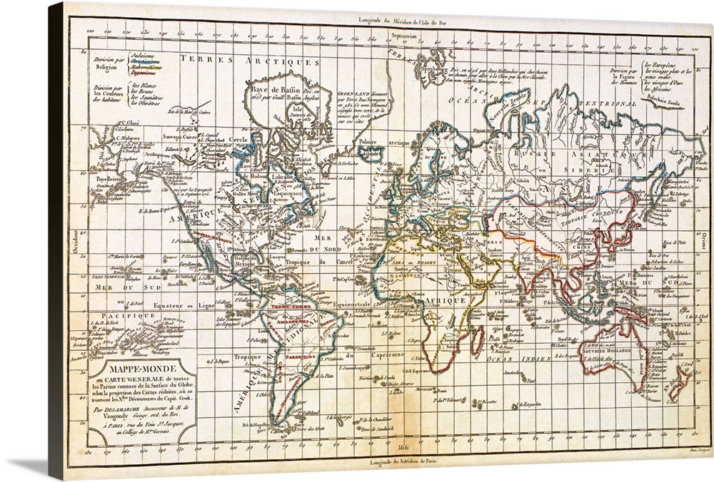 Canvas of a vintage detailed map of the world with longitude and latitude lines.