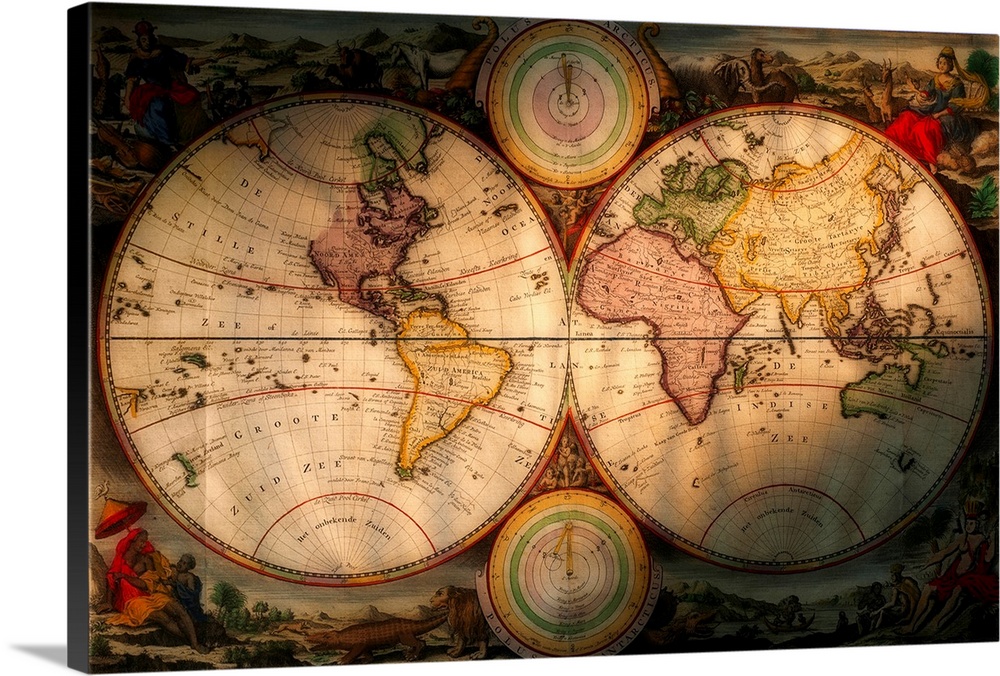Huge world map in an antique style displayed over two separate circles.  The detailed map includes names for oceans and nu...