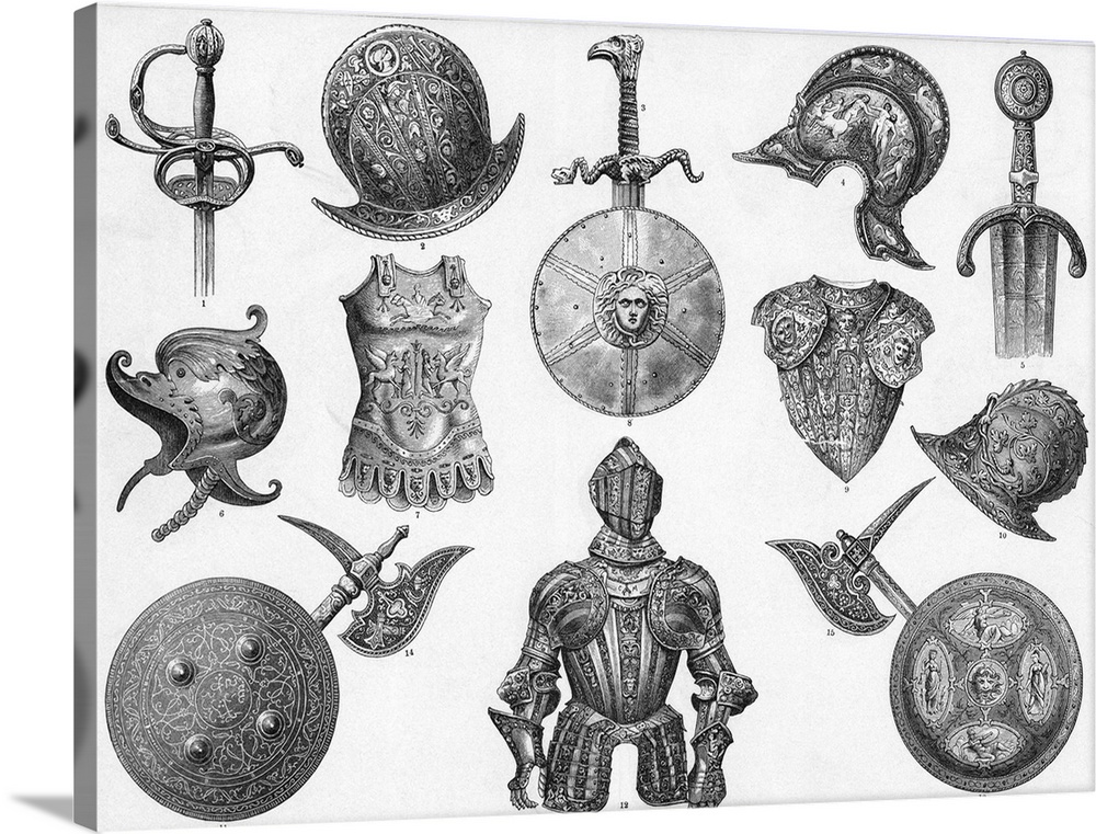 Arms and armor from the 16th to 17th centuries. Undated engraving.