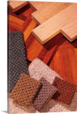 Assorted carpet and wood flooring samples