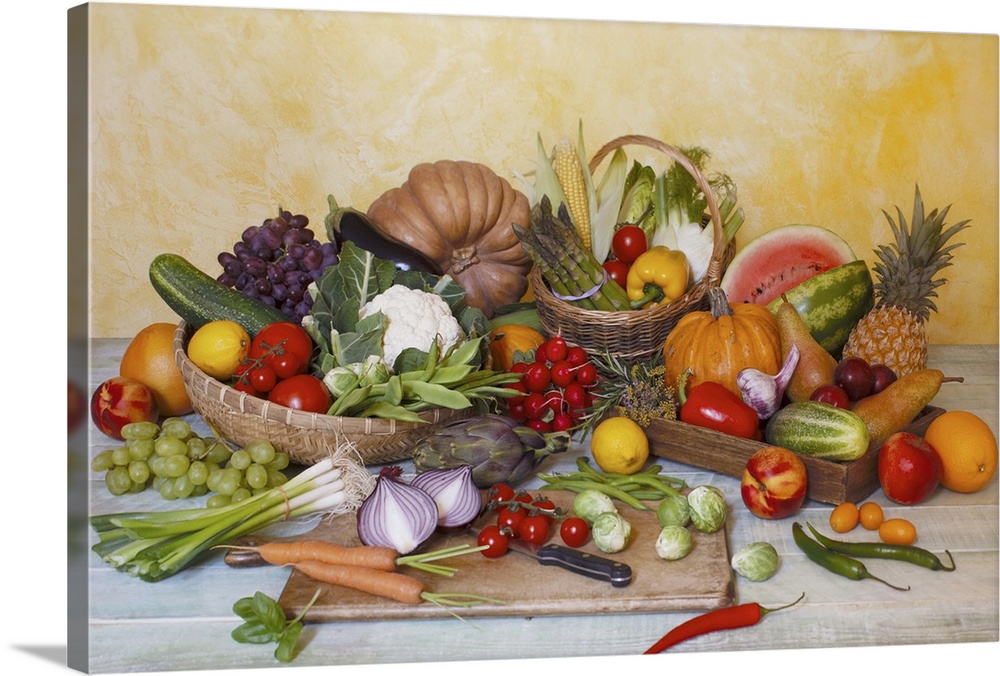 Assorted vegetables and fruits on table Wall Art, Canvas Prints, Framed ...