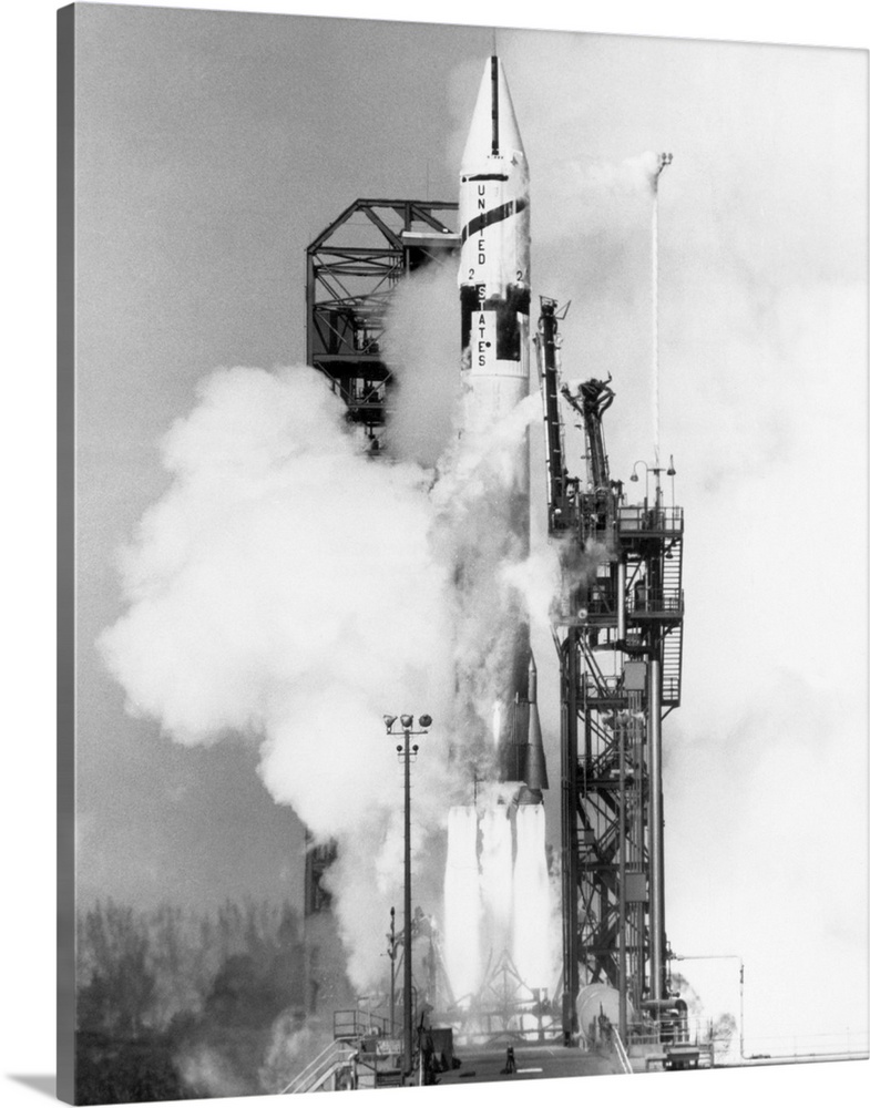 Cape Canaveral, FL-: The Atlas Centaur lifts off Pad 36 at 2:03 p.m. carrying its first liquid hydrogen-liquid oxygen boos...