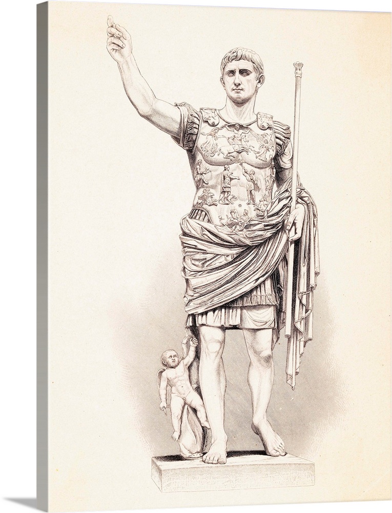 An engraving of the Roman emperor Caesar Augustus (63 BC-AD 14) whose reign brought peace and prosperity to the Greco-Roma...
