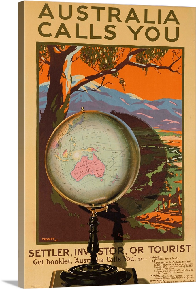 A globe focused on Australia stands in front of a scenic landscape of Australia. Illustrated by Percy Trompf, ca 1920s