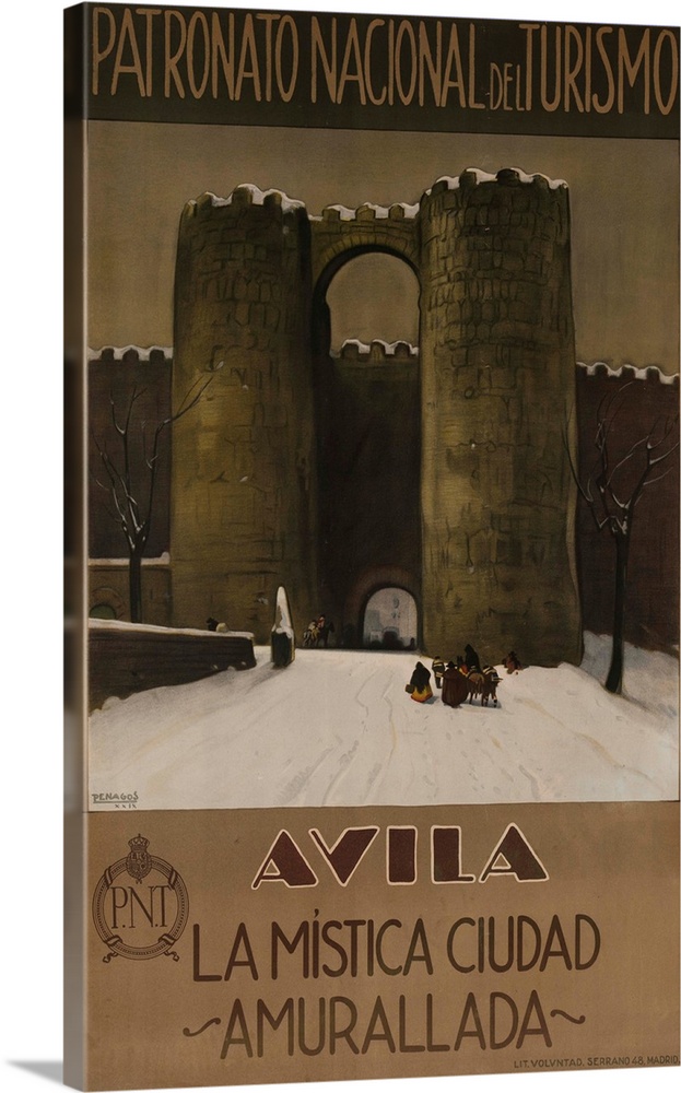 Spanish travel poster, Avila, the Walled Mystic City shoing towers and gate in wall in a winter snow scene. Illustrated by...