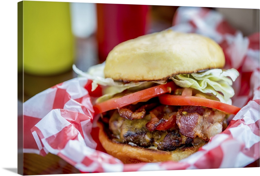 Bacon cheeseburger in basket