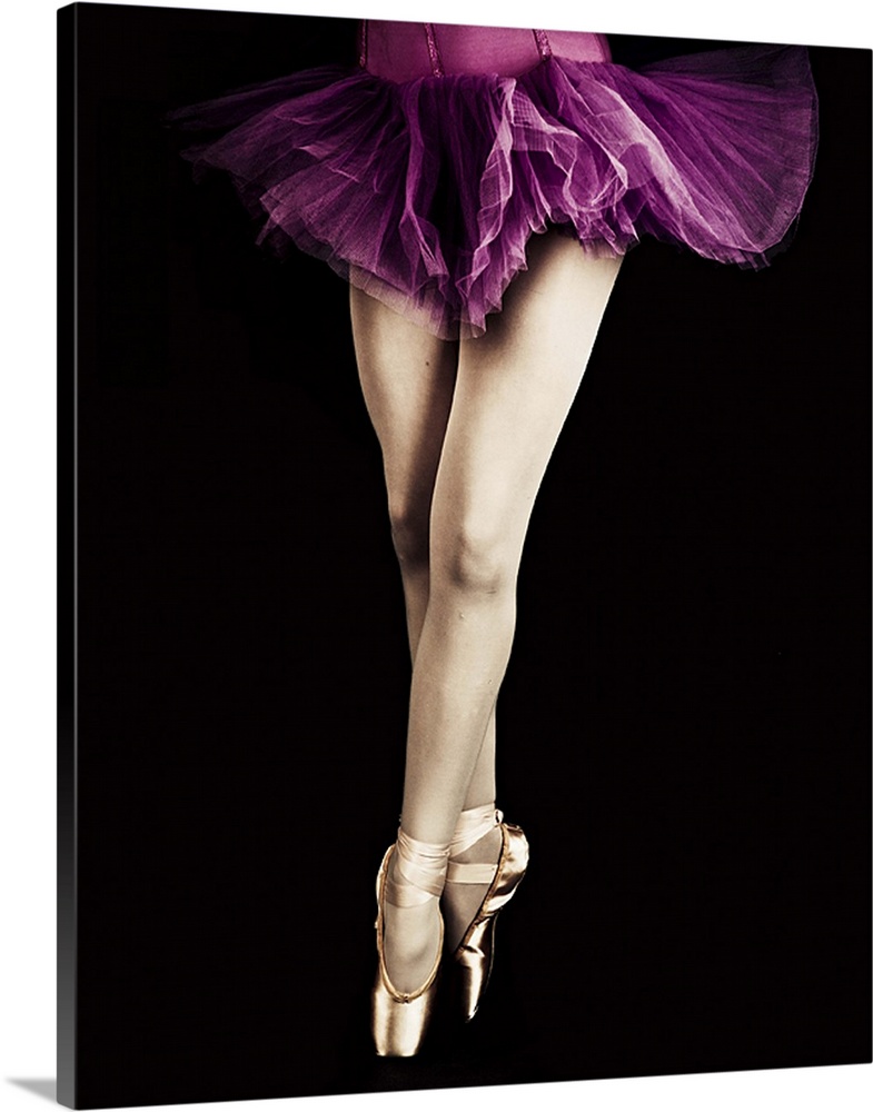 Young ballet dancer legs in pink tutu against black background.