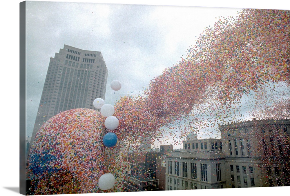 Cleveland, O.: Balloons, 1.5 million of them, curl around the Terminal Tower Building during Balloonfest '86 sponsored by ...