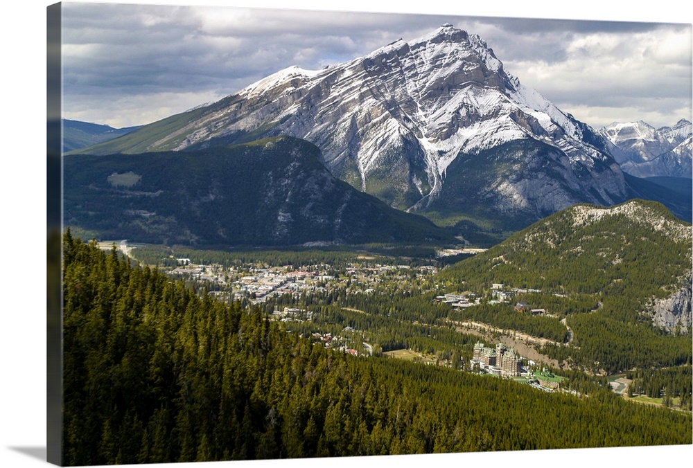 Aerial view of town and Mt. Rundle, Banff, Banff National Park, Alberta, Canada