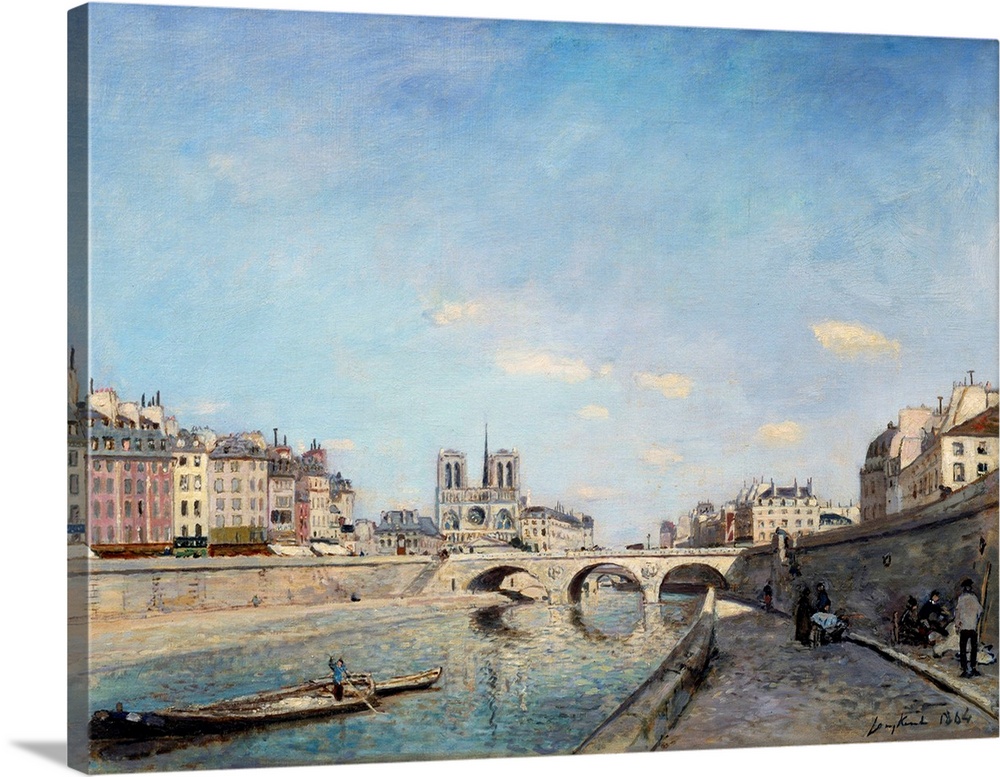 View of the banks of the Seine and Notre Dame Cathedral in Paris. A barge on the river. Painting by Johan Barthold Jongkin...