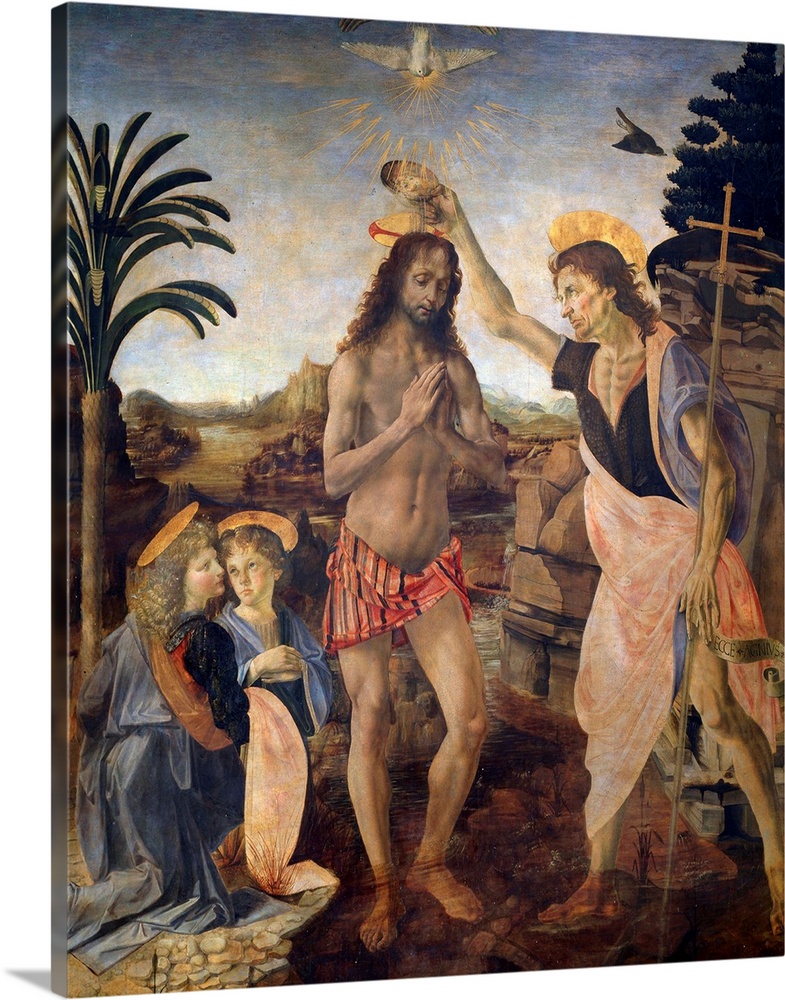 Baptism of the Christ - Painting by Andrea di Francesco di Cione, called Verrocchio (1435-1488) and Leonardo da Vinci (145...