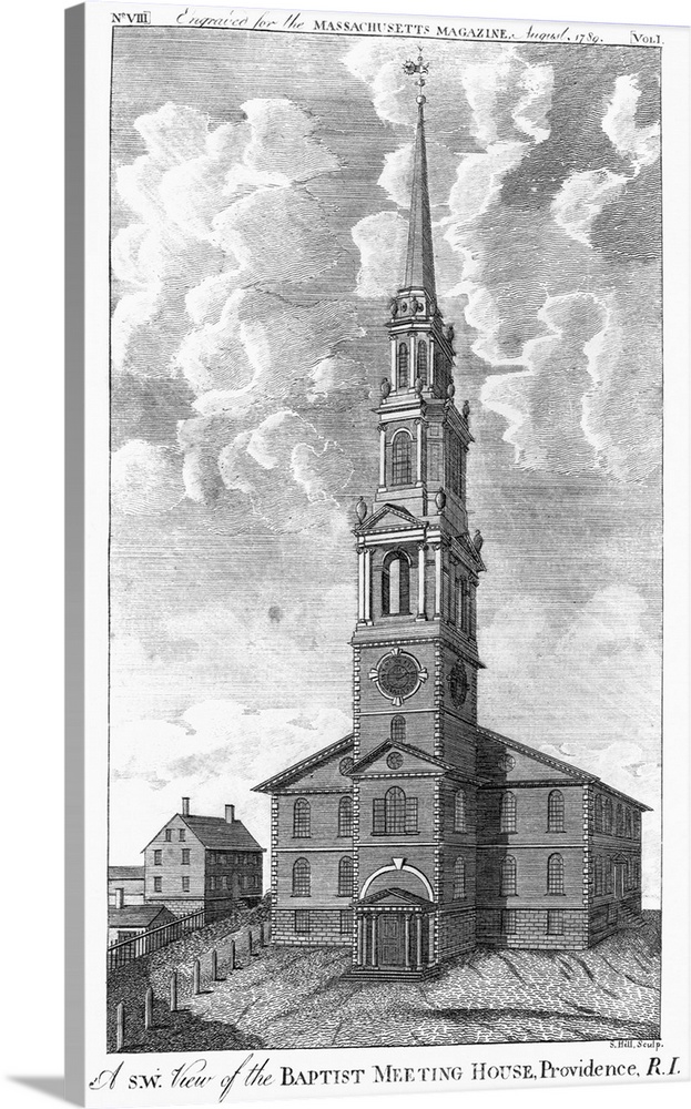 A high steeple towers over the Baptist Meeting House at Providence, Rhode Island, as seen from the southwest.