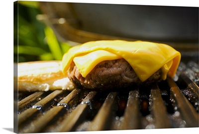 Barbecue scene, cheeseburger on the grill.