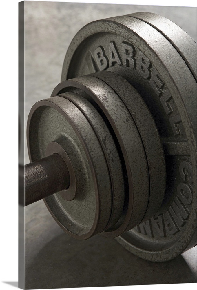 Barbell, closeup of weights, elevated view Wall Art, Canvas Prints