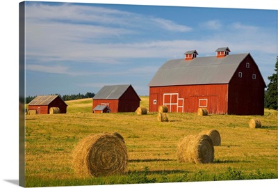 Barns And Hay Bales In Field