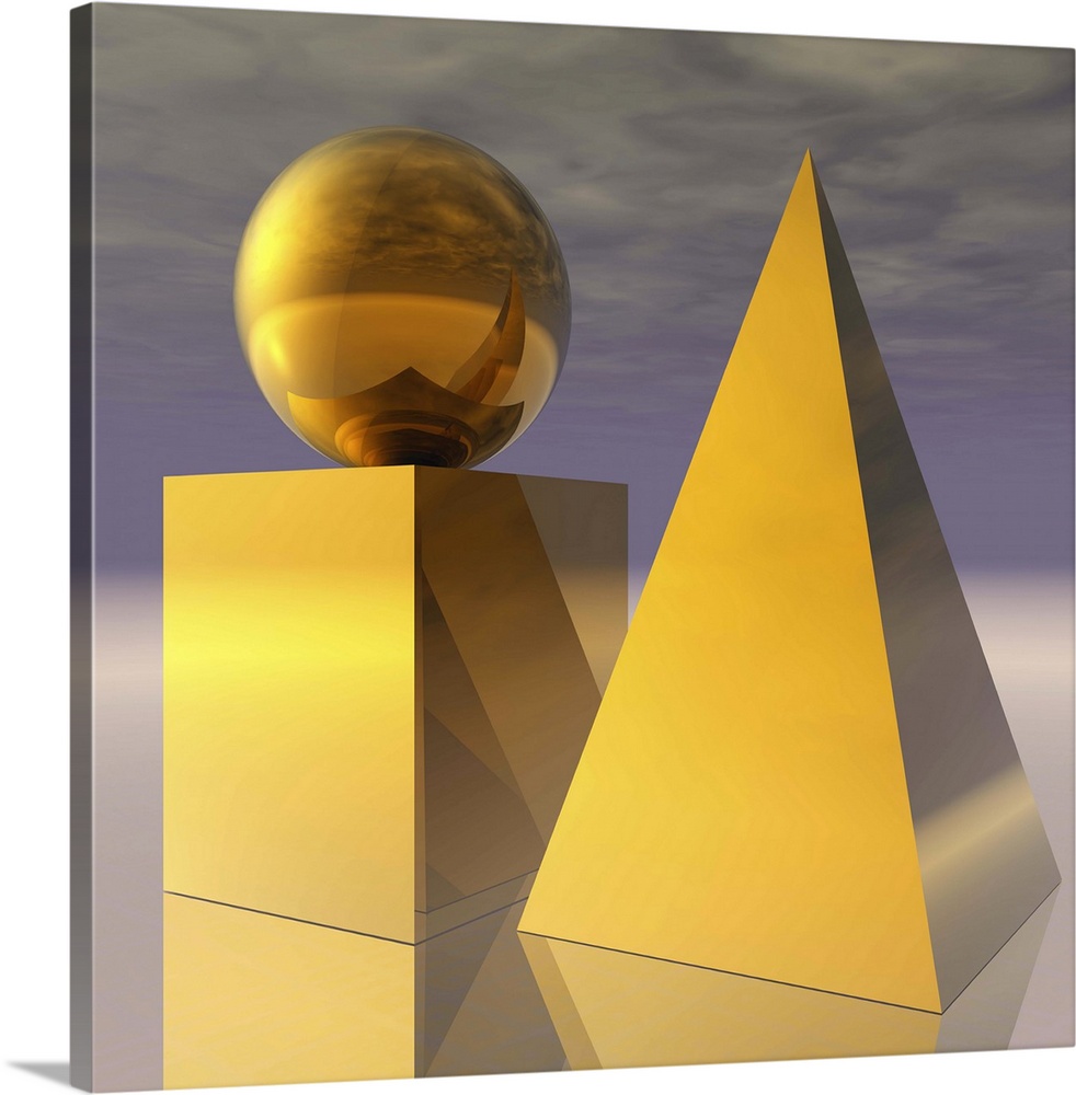 Still life - gold-colored cube, pyramid and sphere shapes arranged on a reflective endless landscape surface.